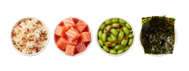 Four small white bowls, top view, containing rice with red seasoning, diced red fish in sauce, green gyoza with sauce, and dark seaweed.
