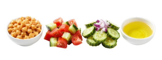 Photograph of four white bowls, from left to right: chickpeas, tomato and cucumber salad, cucumber and red onion salad, and olive oil.