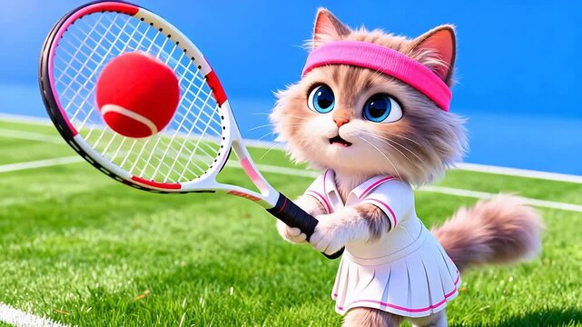Cat playing tennis on grass court