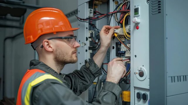 a male electrician repairs a shield. selective focus