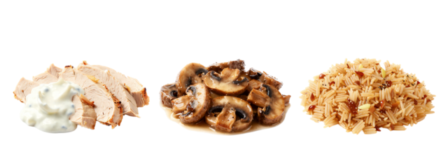Photograph of three dishes side by side: sliced turkey with white sauce on the left, sautéed mushrooms in the center, and rice with spices on the right.