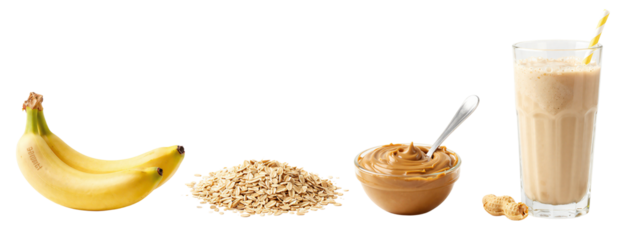 Photograph of banana bunch, oat flakes, small glass bowl with creamy mixture, spoon, and tall glass with creamy drink.