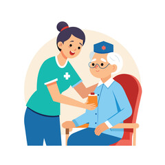Elderly care illustration. Nurse helping a senior patient. Warm and caring mood.