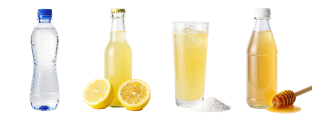 Photograph of four lemon drinks: water bottle, lemon bottle, glass with lemon drink, and honey bottle with honey dipstick. Lemon halves and sugar beside glass.