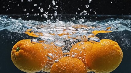 Two vibrant oranges splashing into clear water, creating dynamic droplets against a dark background, illustrating freshness and vitality, ideal for food-related content