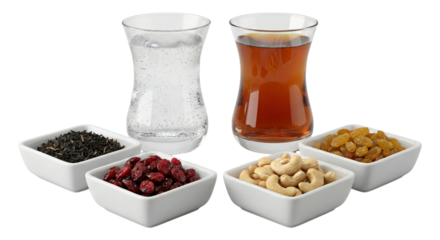 Turkish Tea and Snacks: Tea, Water, Dried Fruit, Nuts, and Tea Leaves