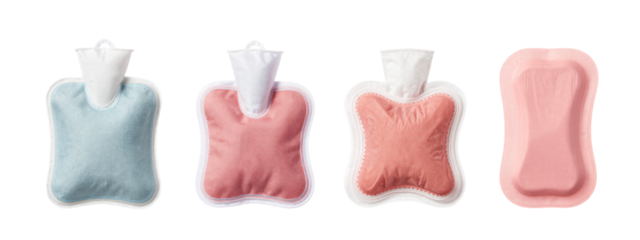 Four fabric face masks with white cone-shaped filters, blue, pink, and coral-colored textures, side by side.