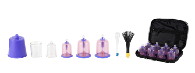 Photograph of various menstrual cup accessories, including purple and clear storage cases, plastic bottles, a black mesh case with multiple bottles, and a white and black cleaning brush, all.