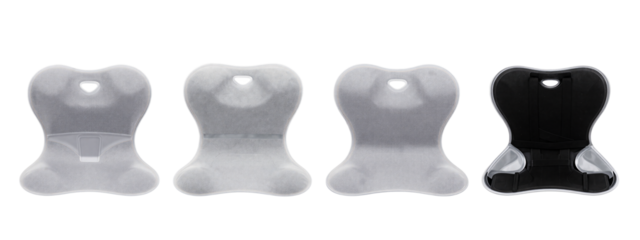 Four fuzzy, heart-shaped, open-front booties in white, gray, gray, and black, lined up side by side on a plain.