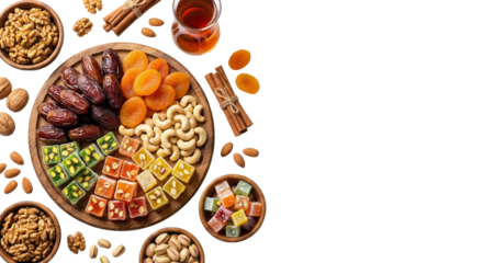 Assortment of Dried Fruits, Nuts, Turkish Delight and Tea - Top View