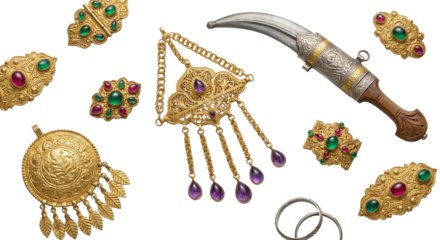 Opulent Gold Jewelry and Ornate Dagger Collection with Gemstones