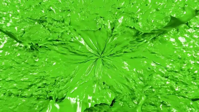 Bright green liquid pours from the sides and splashes together to fill the entire black screen with color