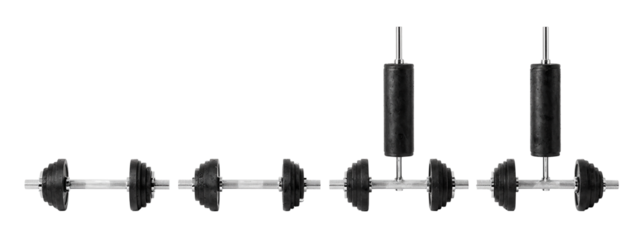 Photograph of five black dumbbells with silver handles, evenly spaced horizontally against a plain.