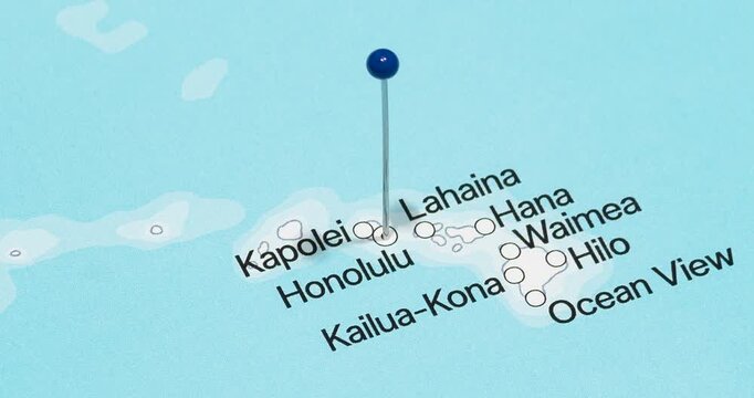 A zoom out of a red pin into honolulu city of the united states of america political map