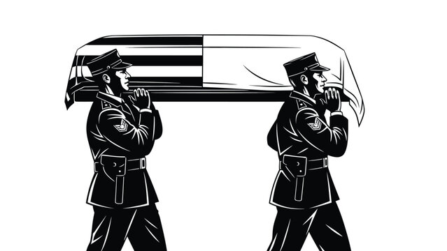 Military funeral procession illustration with soldiers silhouette vector on whit background