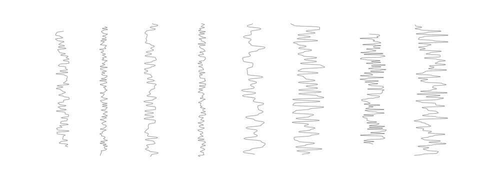 Abstract seismic wave patterns collection of vertical sound vibration lines digital audio signal frequency waves minimalist linear set for scientific data visualization and technology background