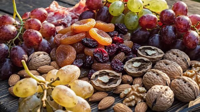 A vibrant assortment of fresh grapes, dried fruits, and nuts beautifully arranged on a rustic wooden surface, ideal for healthy snacking or culinary presentations