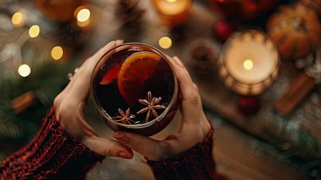 mulled wine in hand. selective focus