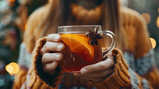a cup of mulled wine in hands on the background of the fireplace. Selective focus