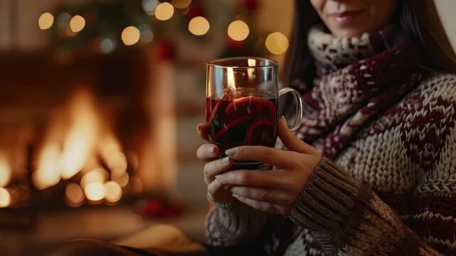 a cup of mulled wine in hands on the background of the fireplace. Selective focus