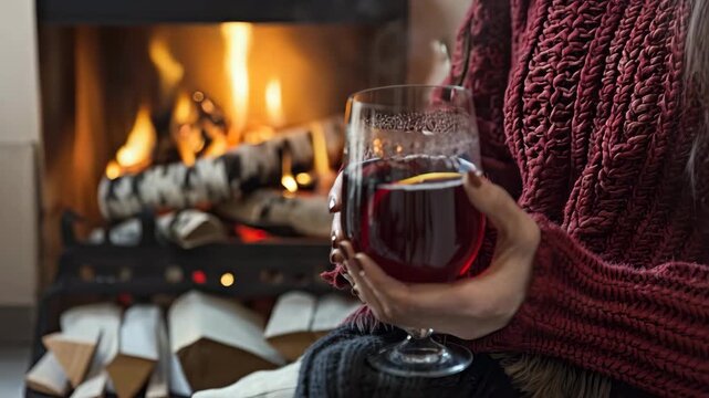 a woman holds mulled wine in her hands. Selective focus