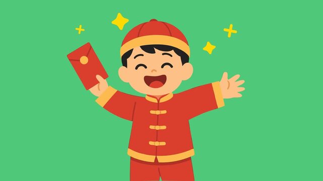 A cheerful cartoon boy in a red and gold traditional chinese outfit holding a red envelope on a green background with yellow sparkles