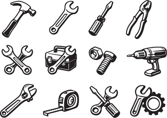 Maintenance And Repair Tools Line Art Icon Set.eps