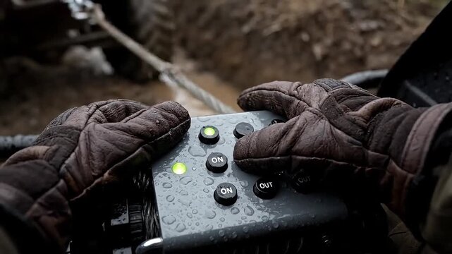 Close-up of gloved hands operating a remote control with illuminated buttons, likely for an ATV or winch
