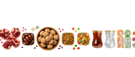 Assortment of Turkish Delight, Nuts, Dates, Pomegranate, and Tea Glasses