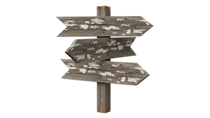 A weathered wooden signpost with three arrows pointing in different directions, symbolizing choice and guidance