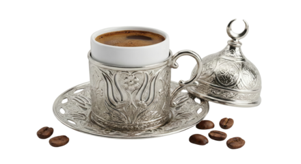 Traditional Turkish Coffee Cup with Lid and Saucer, Coffee Beans