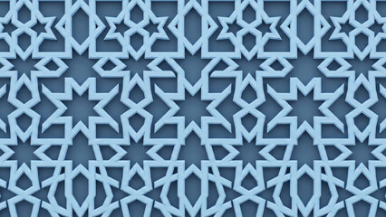 Intricate Islamic Geometric Pattern, Light Blue Star Motif on Dark Blue Background