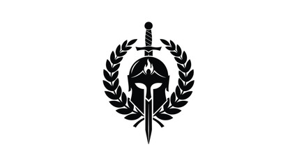 Ancient greek warrior helmet and sword with laurel wreath silhouette vector on whit background