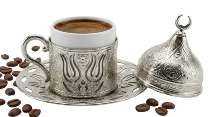 Traditional Turkish Coffee Cup with Lid and Coffee Beans