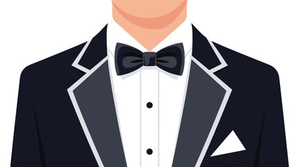A classic and elegant close-up illustration of a man wearing a formal black tuxedo, white shirt, and a black bow tie.