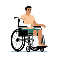 Fototapeta premium Man with arm and leg casts sitting in a wheelchair, recovering from injury