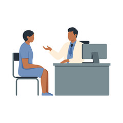 Doctor consults with patient in a modern office, discussing healthcare and well-being.