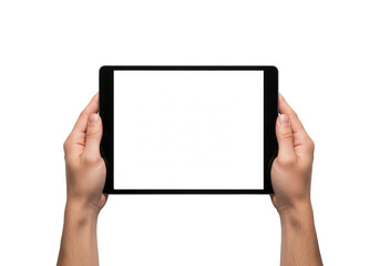 Symmetrically positioned clean adult hands holding a horizontal matte black digital tablet on a high-key studio white background, concept for technological display.
