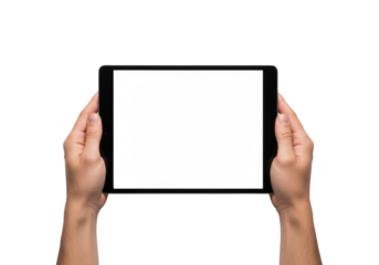 Symmetrically positioned clean adult hands holding a horizontal matte black digital tablet on a high-key studio white background, concept for technological display.
