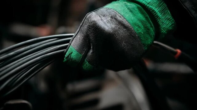 Technician sprays synthetic lubricant on wires to reduce friction and prevent wear in mechanical equipment