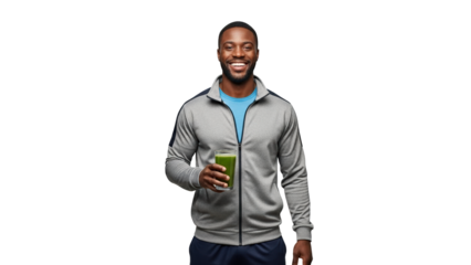 Smiling man holding a healthy green smoothie, promoting a healthy lifestyle