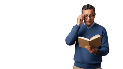 A man reads a book and adjusts his eyeglasses, fully engaged in the story