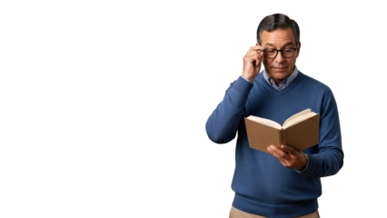 A man reads a book and adjusts his eyeglasses, fully engaged in the story