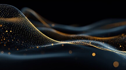 Gold-dot wave flows on black backdrop, blurry motion