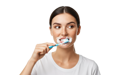 A young woman brushing her teeth with a toothbrush, maintaining her oral hygiene