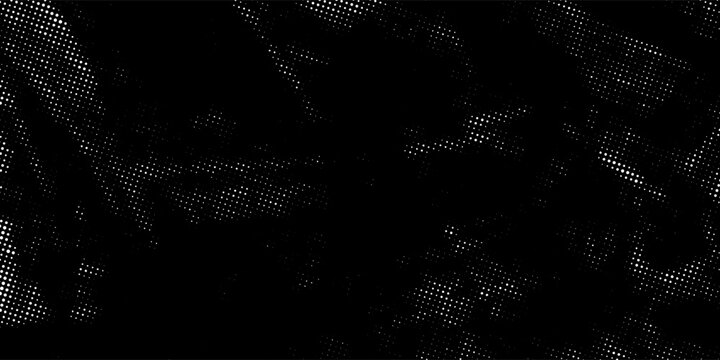Dark black abstract background with dense halftone dot texture and dynamic grunge motion. Bold, dramatic surface ideal for posters, music artwork, and edgy modern designs.