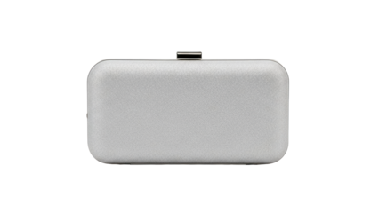 An elegant, sleek, silver clutch on display, perfect for evening wear