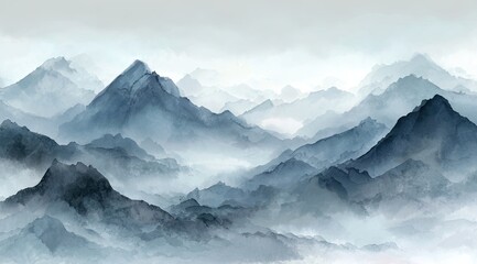 Misty mountain range vista, ethereal fog shrouding peaks in blue-gray