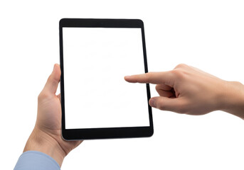 ultra photorealistic macro close-up of clean caucasian hands holding a black tablet with blank white screen, pointing index finger, isolated on transparent background. concept for digital device