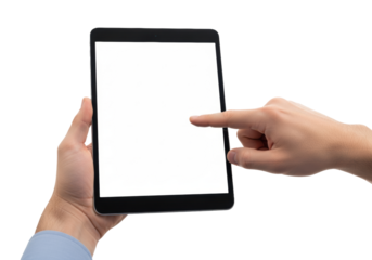 ultra photorealistic macro close-up of clean caucasian hands holding a black tablet with blank white screen, pointing index finger, isolated on transparent background. concept for digital device